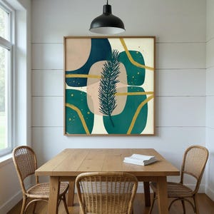 Plakat z sosnową gałęzią | Abstrakcyjna sztuka ścienna w stylu boho, granatowe liście, dekoracja salonu | Kolekcja Winter Grove zdjęcie 6