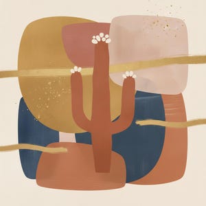 Lámina decorativa de pared con diseño de flor de saguaro de Arizona / Lienzo con la flor estatal de Arizona, decoración botánica abstracta estilo boho, arte para sala de estar en terracota. imagen 2