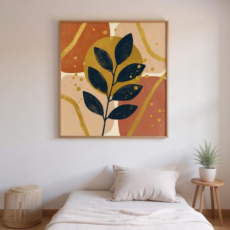 Fiddle Leaf Fig Botanical Wall Art Print, Abstract Boho Canvas for Living Room, Terracotta Decor | Golden Hour Collection image 3