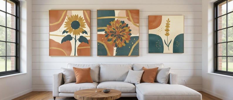 Midsummer Set of 3 Botanical Canvas Prints, Abstract Boho Wall Art Gallery Set for Bedroom, 3 Piece Print Set image 1