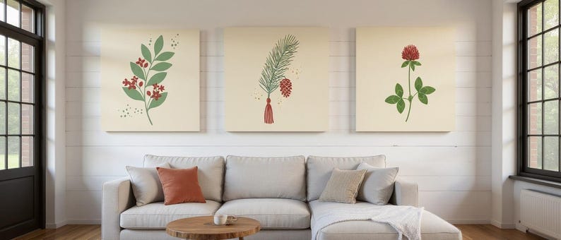 New England State Flowers Set of 3 | Abstract Boho Canvas Prints, Botanical Wall Art Gallery Set, Sage Green Decor image 1