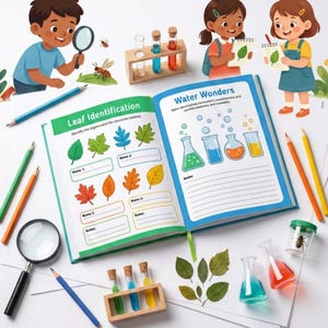 May include: A science notebook titled MY SCIENCE NOTEBOOK featuring illustrations of children exploring nature, test tubes in wooden racks, coloured pencils, a magnifying glass, and a page titled Leaf Identification with various leaf drawings.