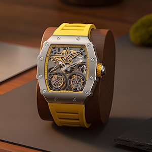 Automatic Skeleton Watch, Yellow Strap Timepiece, Silver Tone Case