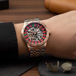 May include: A wristwatch with a round case featuring a roulette wheel dial design in red, green, and black. The watch has a skeletonized center, rose gold and silver-tone hands, and a two-tone metal link bracelet in rose gold and silver colors.