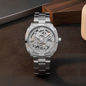 Mechanical Automatic Watch | Men's Skeleton Wristwatch | Silver Tone Gift | Engraved Luminous Timepiece