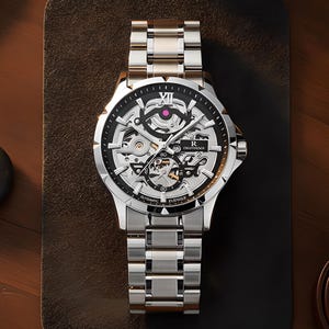 Silver Black Automatic Watch | Skeleton Mechanical Movement | Men's Stainless Steel Wristwatch