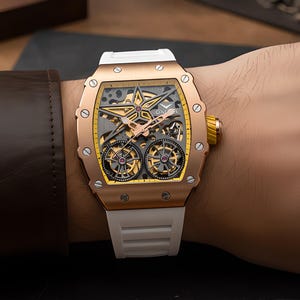 Men's Automatic Skeleton Dial Watch | Rose Gold Tone, White Strap