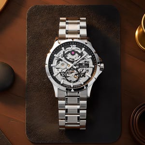 Puede incluir: Un reloj de pulsera de acero inoxidable en tono plateado con una esfera esqueletizada que revela el movimiento mecánico interno. El reloj tiene una correa de eslabones metálicos, un anillo interior negro con índices blancos y el texto OLEVS.