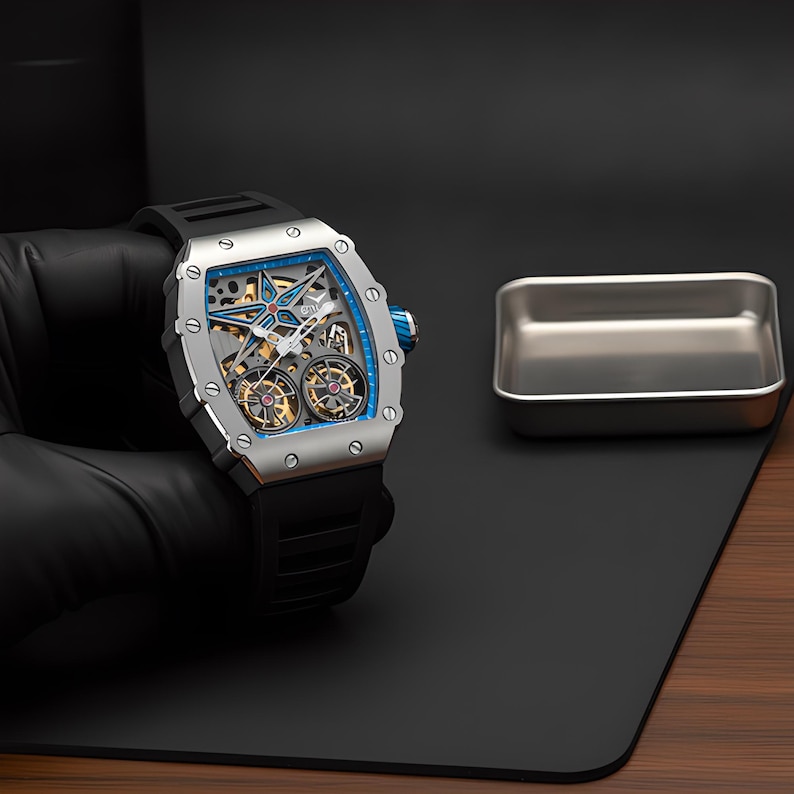 Men's Automatic Watch | Skeleton Dial | Silver Blue Face | Silicone Strap image 6