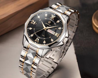 Automatic Watch | Mechanical Timepiece | Men's Black Gold Steel | Luminous Date Dial | Gift