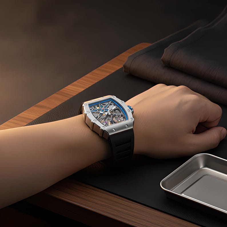 Men's Automatic Watch | Skeleton Dial | Silver Blue Face | Silicone Strap image 3