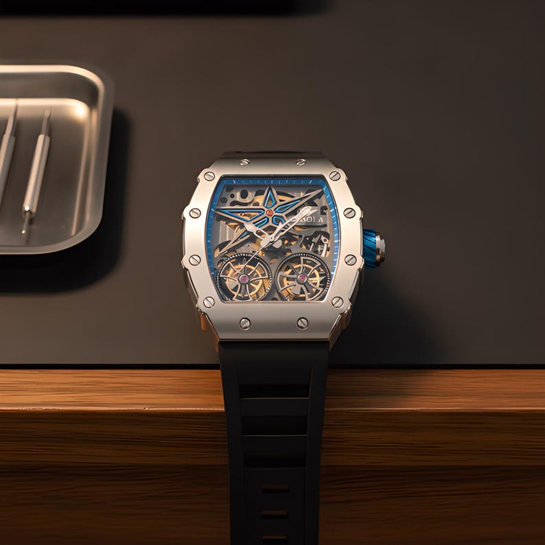 Men's Automatic Watch | Skeleton Dial | Silver Blue Face | Silicone Strap image 4