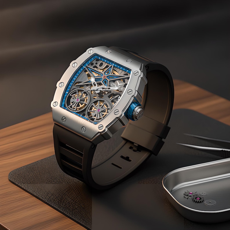 May include: A silver-toned tonneau-shaped wristwatch with a skeletonized dial featuring a prominent blue star motif, exposed mechanical gears, and two visible balance wheels. The watch has a black rubber strap and a blue-accented crown.