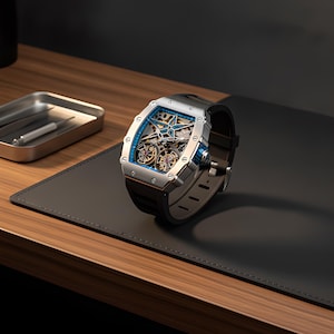 May include: A silver-toned tonneau-shaped wristwatch with a skeletonized dial featuring a blue star-shaped bridge, exposed mechanical gears, and a black rubber strap. The watch case has visible screws at the corners and a blue crown on the side.