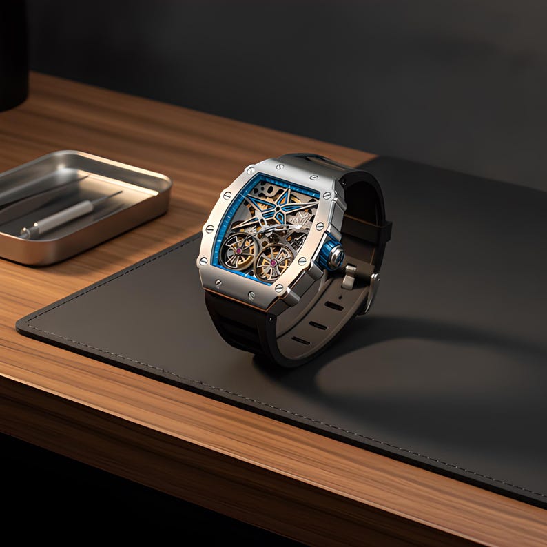 May include: A silver-toned tonneau-shaped wristwatch with a skeletonized dial featuring a blue star-shaped bridge, exposed mechanical gears, and a black rubber strap. The watch case has visible screws at the corners and a blue crown on the side.