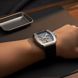 Men's Automatic Watch | Skeleton Dial | Silver Blue Face | Silicone Strap image 7