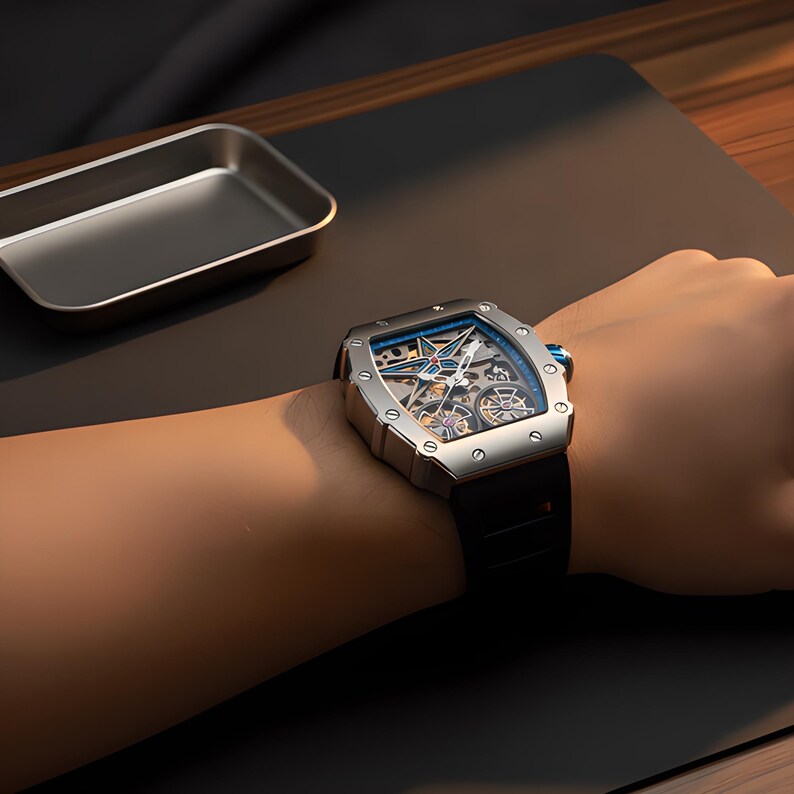 Men's Automatic Watch | Skeleton Dial | Silver Blue Face | Silicone Strap image 7