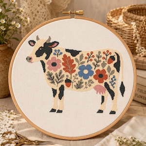 Floral Cow Cross Stitch Pattern PDF, Farmhouse Animal Embroidery, Cottagecore Folk Art Wall Decor, Beginner Counted Stitch Gift