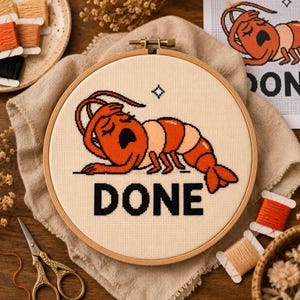 Done Shrimp Cross Stitch Pattern PDF, Funny Animal Embroidery, Snarky Office Wall Decor, Beginner Counted Stitch Gift