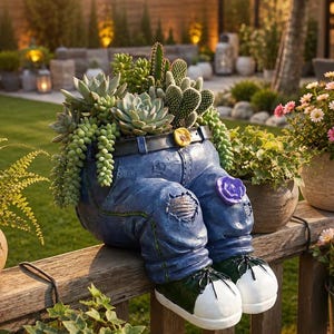 May include: A blue denim jeans-shaped planter featuring a black belt with a yellow buckle, distressed knee details, and a purple flower accent. The planter is filled with various green succulents and cacti, and it wears dark green and white sneakers.