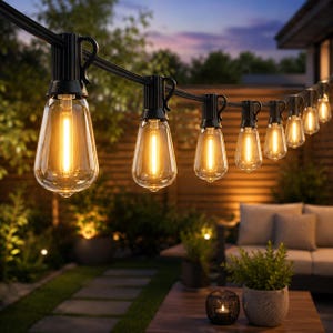 May include: A string of outdoor LED Edison-style light bulbs with clear glass and warm yellow filaments, suspended on a black cord. Each bulb features a black socket with a small integrated hanging loop, creating a continuous glowing line.