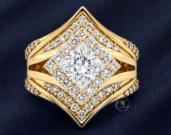 1.25CT Certified Princess Cut Lab Grown Diamond Engagement Ring, Double Halo Wedding Ring, Solid Gold Diamond Ring, Unique Bridal Jewelry