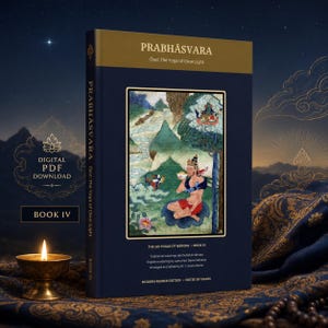 Puede incluir: Un libro azul oscuro titulado PRABHĀSVARA Osel: The Yoga of Clear Light, Book IV. La portada presenta una ilustración rectangular central de una figura en un paisaje, con texto dorado en la parte superior e inferior. Marcado como descarga digital PDF.
