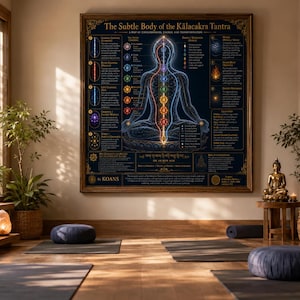 Op de afbeelding: Een rechthoekige wandposter getiteld The Subtle Body of the Kālacakra Tantra, met een centrale menselijke figuur in meditatiehouding met gloeiende gekleurde chakrapunten, omringd door gedetailleerde tekst, diagrammen en gouden randaccenten.