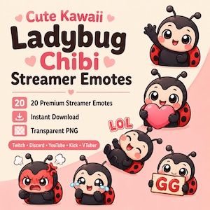 Könnte beinhalten: Eine digitale Sammlung von 20 niedlichen Kawaii-Marienkäfer-Chibi-Streamer-Emotes mit verschiedenen Ausdrücken. Der Text lautet Cute Kawaii Ladybug Chibi Streamer Emotes, 20 Premium Streamer Emotes, Instant Download, Transparent PNG, Twitch, Discord, YouTube, Kick, VTuber, LOL und GG.