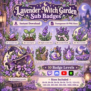 Könnte beinhalten: Ein digitales Set aus 10 Lavender Witch Garden Sub-Badges mit Illustrationen von Lavendelsamen, Keimlingen, Stängeln, Sträußen, Mondmotiven, einem Zaubertrank, einem Kristall, einem Feld und einer Katze mit Hexenhut, inklusive Text.