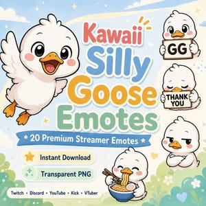 Op de afbeelding: Een digitale grafische set getiteld Kawaii Silly Goose Emotes met 20 premium streamer-emotes. De afbeelding toont een witte cartoon-gans met een oranje snavel in verschillende houdingen, waaronder het vasthouden van bordjes met GG en THANK YOU, en het eten van noedels.