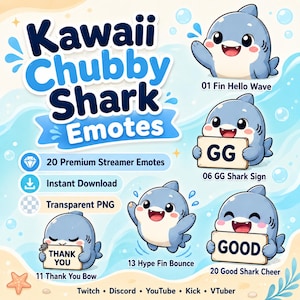 Kawaii Chubby Shark Emotes Pack, Streamer PNG, Twitch Discord VTuber Chat Reactions 20 Streamer PNGs 7 Größen, (Digitaler Download)