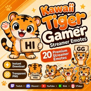 Könnte beinhalten: Ein digitales Grafikset mit einer Cartoon-Tigerfigur in verschiedenen Posen mit Text, darunter Kawaii Tiger Gamer, 20 Premium Streamer Emotes, HI, GG, THANK YOU, Instant Download, Transparent PNG, Twitch, Discord, YouTube, Kick und VTuber.