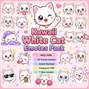 Könnte beinhalten: Eine digitale Sammlung von 20 weißen Katzen-Emotes mit verschiedenen Ausdrücken und Aktivitäten, darunter Schlafen, Essen und Feiern. Der zentrale Text lautet Kawaii White Cat Emotes Pack, ergänzt durch Details wie very cute, 20 Emotes Included, Instant Download, Transparent PNG und 7 Sizes Included.