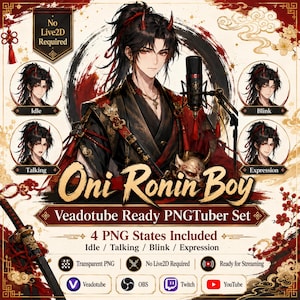 Könnte beinhalten: Ein digitales Charakter-Illustrationsset mit dem Titel Oni Ronin Boy, das eine dunkelhaarige Figur mit roten Hörnern in traditioneller Kleidung zeigt. Enthält vier PNG-Zustände: Idle, Talking, Blink und Expression für Veadotube.