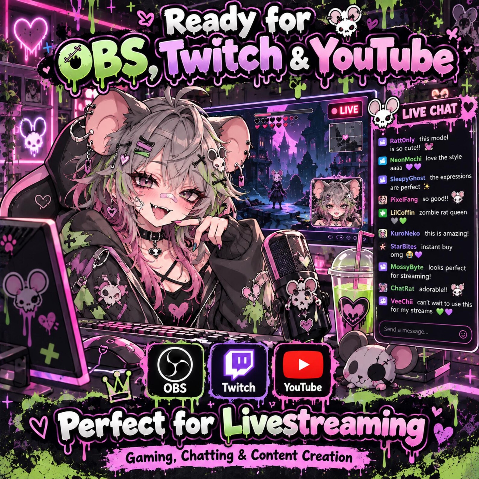 Zombie Rat PNGTuber Avatar, Creepy Rat Streamer, Veadotube Ready Static ...