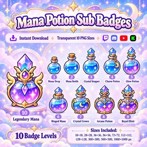 Mana Potion Sub Badges, Kawaii Mana Potion Twitch Loyalty Icons PNG, Crystal Mana Potion Subscriber Badges, 10 Levels