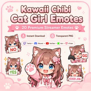 Op de afbeelding: Een digitale collectie van 20 Kawaii Chibi Cat Girl Emotes met een personage met bruin haar, roze highlights en kattenoren. De set bevat diverse uitdrukkingen en bordjes met tekst zoals NO, YES, GG en GOOD JOB voor streamingplatforms.