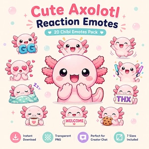 Könnte beinhalten: Eine digitale Sammlung von 20 Chibi-Axolotl-Reaktions-Emotes mit verschiedenen Ausdrücken und Posen. Der Text lautet Cute Axolotl Reaction Emotes, 20 Chibi Emotes Pack, Instant Download, Transparent PNG, Perfect for Creator Chat, 7 Sizes Included.
