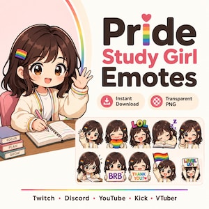 Könnte beinhalten: Ein digitales Illustrationsset mit dem Titel Pride Study Girl Emotes, das eine Figur mit braunem Haar und einer Regenbogen-Haarspange zeigt. Das Set enthält zehn einzelne Emotes, die die Figur beim Lernen, mit einer Regenbogenflagge und Schildern mit der Aufschrift BRB, THANK YOU und LEVEL UP zeigen.
