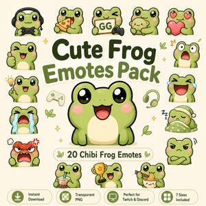 Può includere: Una collezione digitale di 20 emote di rana verde con varie espressioni e attività, tra cui giocare, mangiare e dormire. Il testo recita Cute Frog Emotes Pack e 20 Chibi Frog Emotes, con icone per il download istantaneo e formato PNG.