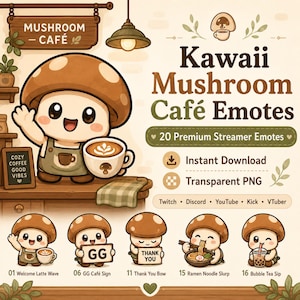以下が含まれることがあります： Kawaii Mushroom Café Emotesと題されたデジタルグラフィックセットで、20種類の茶色のキノコのキャラクターが様々なポーズをとっています。中央にはコーヒーカップを持ったキノコのキャラクターが描かれており、Twitch、Discord、YouTubeのテキストラベルが含まれています。