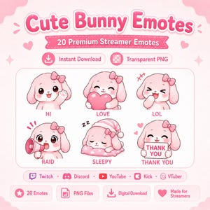 Op de afbeelding: Een digitale collectie van 20 roze konijnen-emotes voor streamers, met zes geïllustreerde konijnen met strikjes in verschillende houdingen, gelabeld HI, LOVE, LOL, RAID, SLEEPY en THANK YOU. De afbeelding bevat tekst voor directe download en transparante PNG.