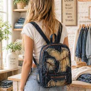 Vintage Denim Backpack for Women, Distressed Jean Patchwork Backpack, Y2K Grunge Denim Bag, Casual Travel School Bag, Gift for Her