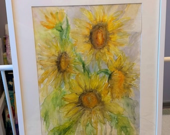 Gouden zonnebloemen | Origineel aquarel schilderij