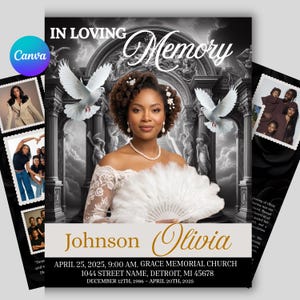 May include: A funeral program template featuring a portrait of a person with dark curly hair, wearing a white lace top and pearl necklace, holding a white feather fan. Two white doves fly before a stone archway. Text reads IN LOVING MEMORY, Johnson Olivia, and event details.