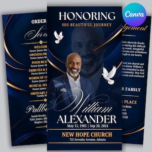 Puede incluir: Una plantilla de programa funerario en azul profundo y dorado con el retrato de un hombre en traje, dos palomas blancas y texto que incluye HONORING HIS BEAUTIFUL JOURNEY, William ALEXANDER, 15 de mayo de 1985 | 20 de sep. de 2024 y NEW HOPE CHURCH, 725 Serenity Avenue, Atlanta.