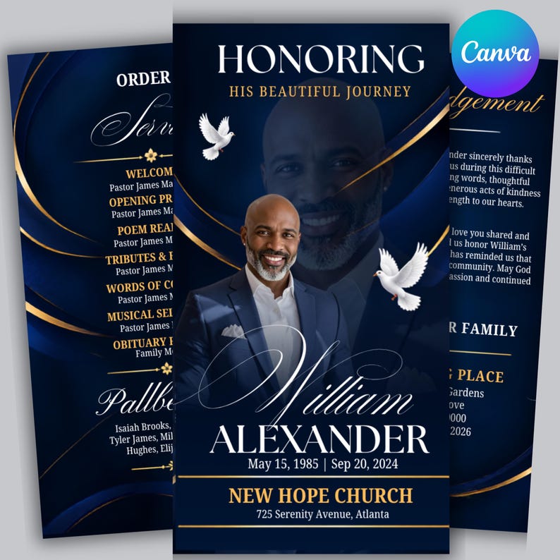 Funeral Program Template, Tri Fold Memorial Program, Editable Canva ...