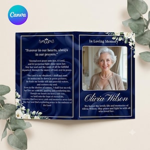 May include: A funeral program featuring a deep blue background with dark rose patterns and white floral accents. The left panel displays the text Forever in our hearts, always in our prayers and a prayer. The right panel shows a photo of Olivia Wilson.