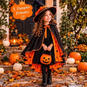 Wzór na pelerynę czarownicy na Halloween w formacie PDF, kostium czarownicy dla dzieci, wzór na spiczasty kapelusz czarownicy, krótka i długa peleryna DIY, kostium dyniowy